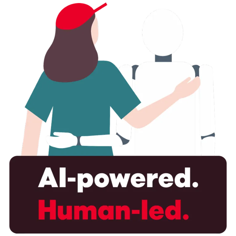  Eine Illustration zeigt eine Person, die freundschaftlich ihren Arm um einen Roboter legt. Darunter steht der Text "AI-powered. Human-led.", der die Zusammenarbeit zwischen Mensch und Künstlicher Intelligenz symbolisiert.