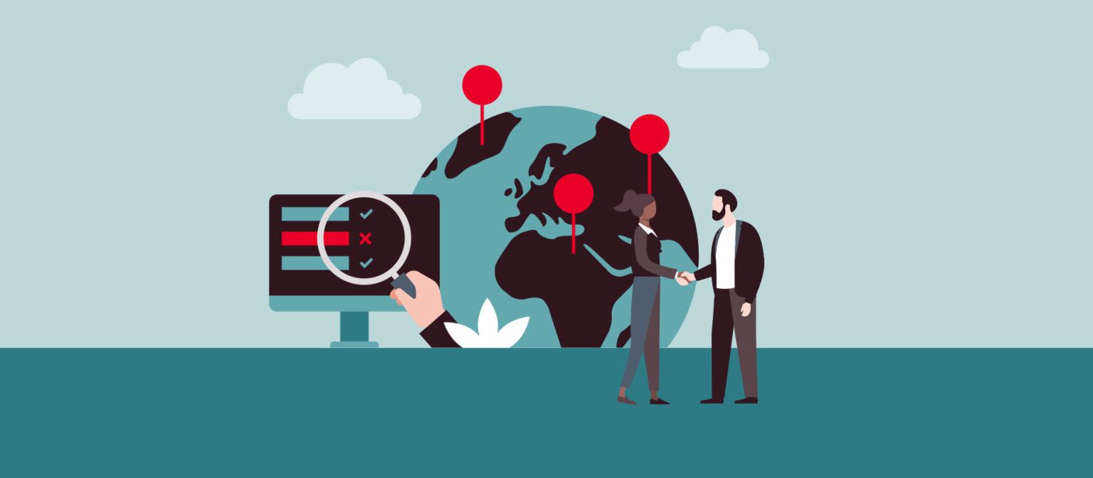 Eine Illustration zeigt einen Mann und eine Frau in Businesskleidung, die einander die Hände schütteln. Im Hintergrund ist eine Weltkugel mit mehreren Ortsmarken zu sehen – und eine stilisierte Gewinn- und Verlustrechnung.