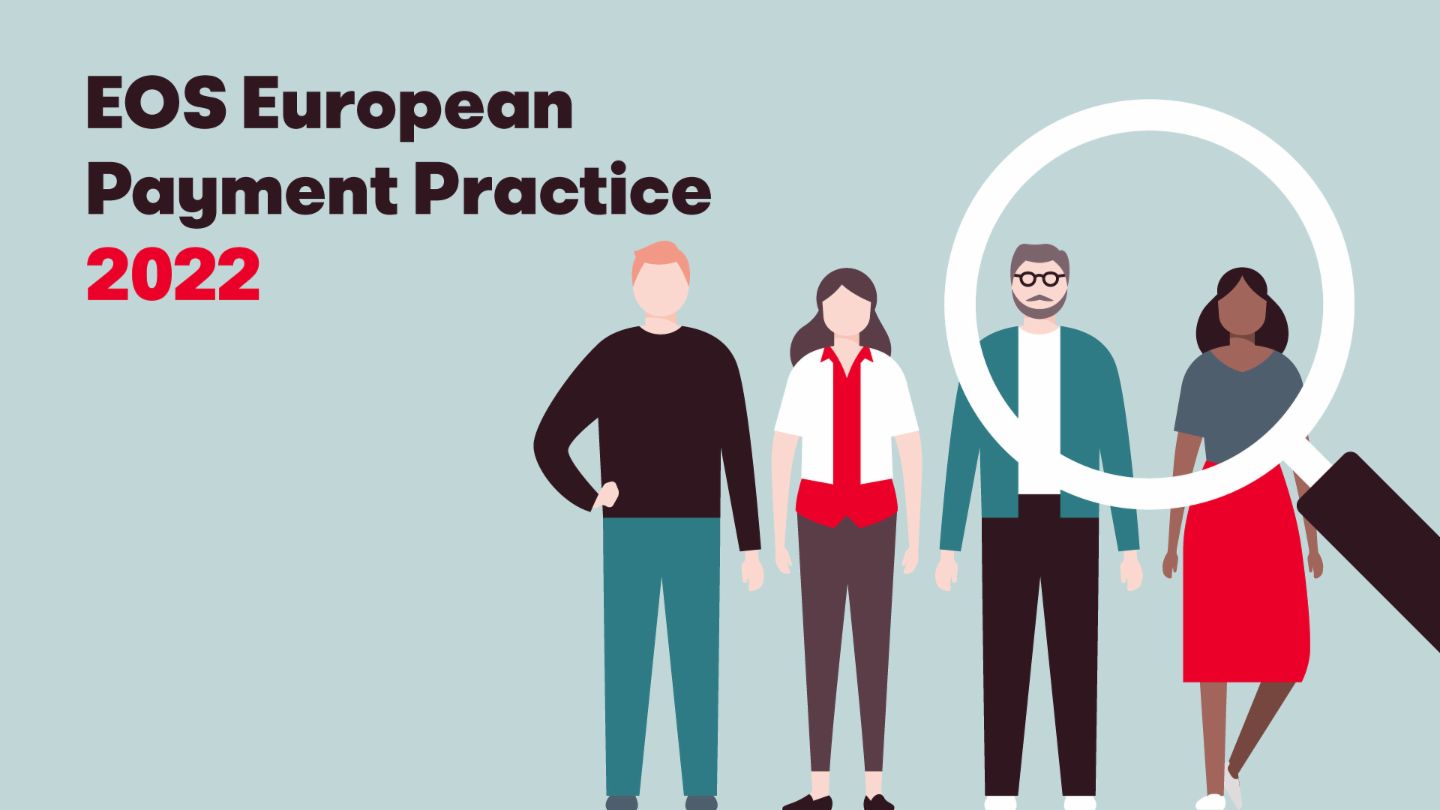 Illustration, die vier verschiedene Personen und eine Lupe zeigt, begleitet vom Text „European Payment Practise EOS study 2022“. Dieses Bild repräsentiert die jährliche EOS-Studie über europäisches Zahlungsverhalten und Trends.