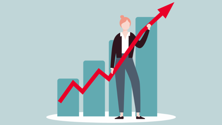 An illustration shows a woman standing in front of a bar graph. She is holding a large red arrow that trends upward across the graph, indicating growth. The woman has light skin and reddish-blonde hair. She is wearing a black blazer, a white blouse, and gray pants. The bars of the graph are teal. The background is black.