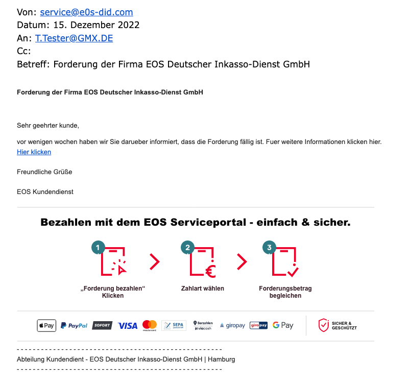 Beispiel einer E-Mail von EOS, die auf den ersten Blick echt aussieht. <br/>Sie enthält jedoch einen auffällig falschen Absender und Rechtschreibfehler.
