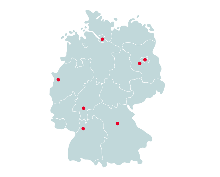 Deutschlandkarte mit EOS Standorten in Hamburg, Berlin, Potsdam, Nürnberg, Kamp-Lintfort und Heidelberg.