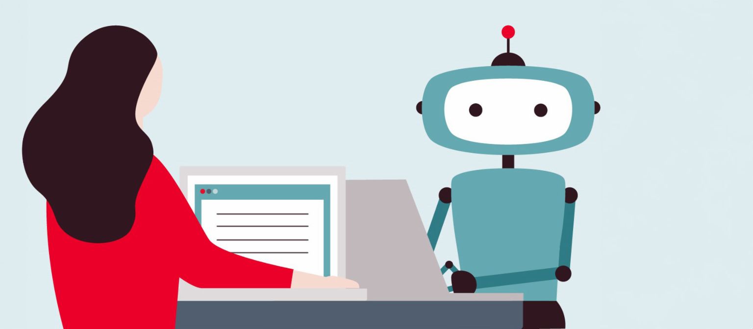 Illustration mit einer Frau die vorm Computer sitzt und einen Roboter anguckt.