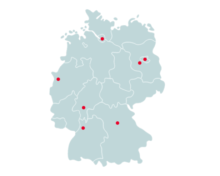 Deutschlandkarte mit EOS Standorten in Hamburg, Berlin, Potsdam, Nürnberg, Kamp-Lintfort und Heidelberg.