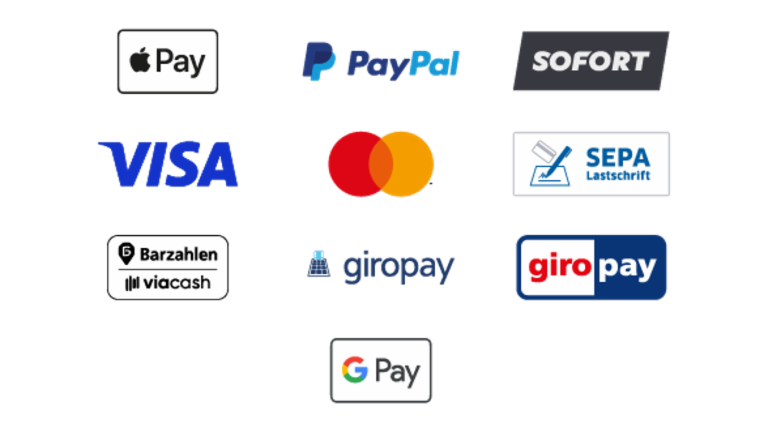 Moderne Zahlarten: Apple Pay, PayPal. Klarna, Visa, Mastercard, Sepa-Lastschrift, Barzahlen.de/viacash, giropay/paydirekt, Google Pay.