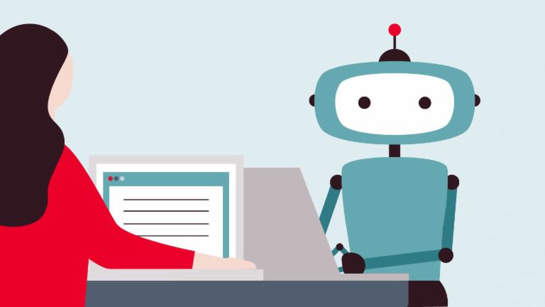 Illustration mit einer Frau die vorm Computer sitzt und einen Roboter anguckt.