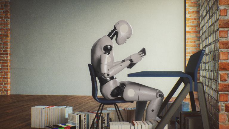 Künstliche Intelligenz: Ein Roboter drückt die Schulbank und liest Bücher.