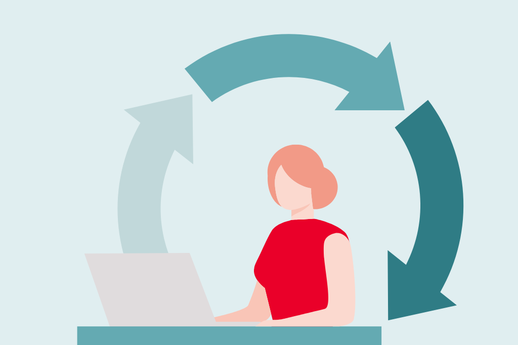 Illustration einer Frau, die am Laptop arbeitet; im Hintergrund ist ein Kreislauf mit Pfeilen angedeutet