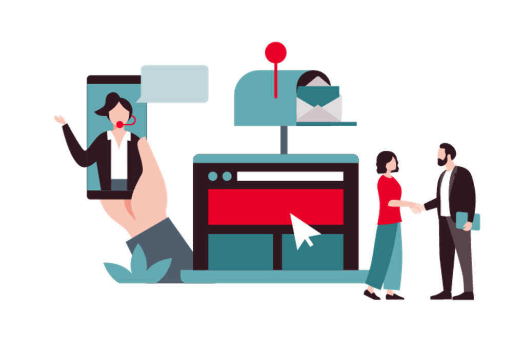 Illustration of different communication channels such as mail or telephone.