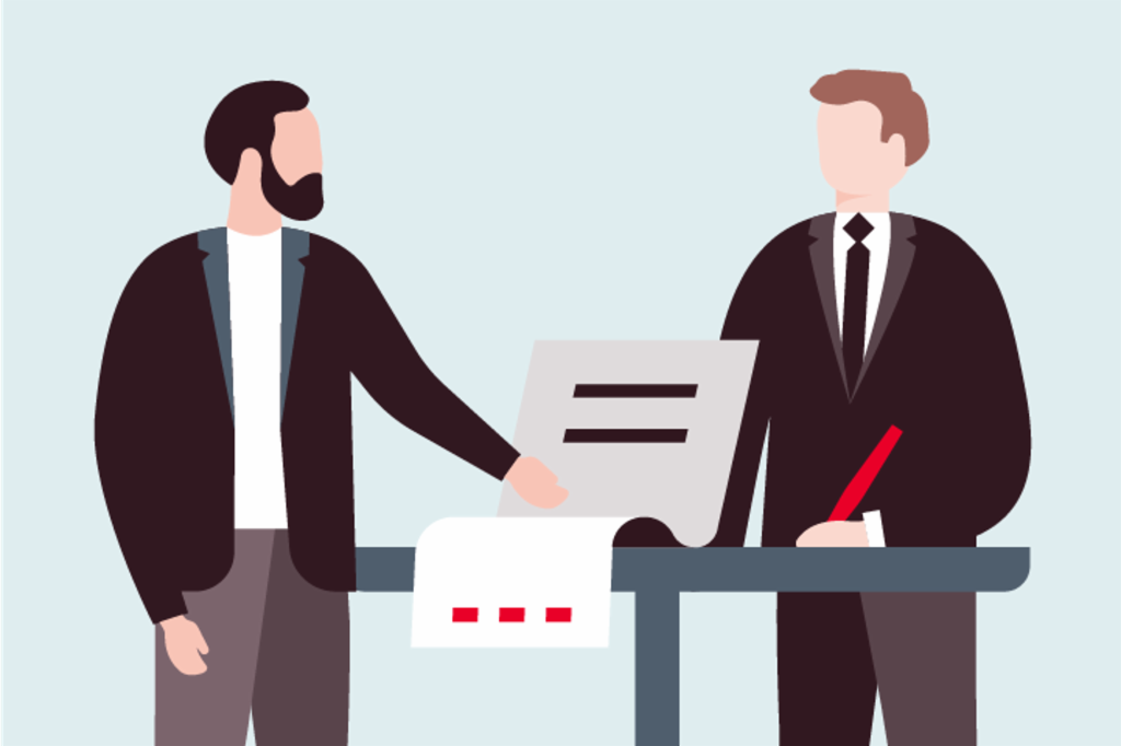 Illustation shows two men writing a signature on a contract in a business process.
